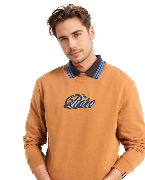 Rare Rabbit Men's Frejus Dusky Orange Cotton Blend Fabric Full Sleeve Crew Neck Printed Sweatshirt