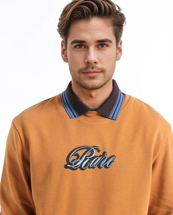 Rare Rabbit Men's Frejus Dusky Orange Cotton Blend Fabric Full Sleeve Crew Neck Printed Sweatshirt