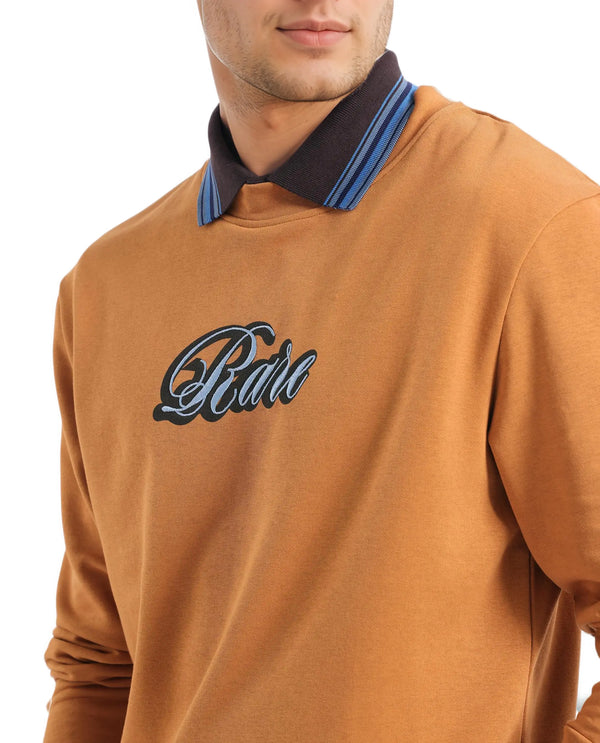 Rare Rabbit Men's Frejus Dusky Orange Cotton Blend Fabric Full Sleeve Crew Neck Printed Sweatshirt