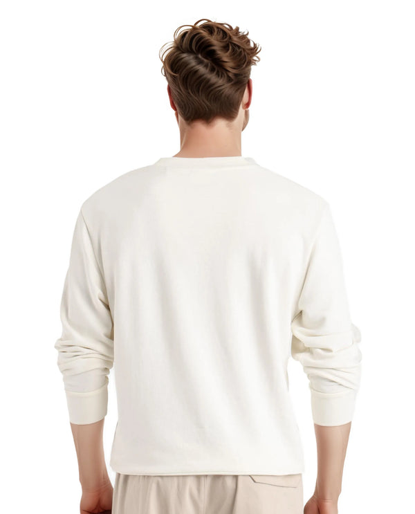 Rare Rabbit Men's Frejus Off White Cotton Blend Fabric Full Sleeve Crew Neck Embroidered Logo Sweatshirt