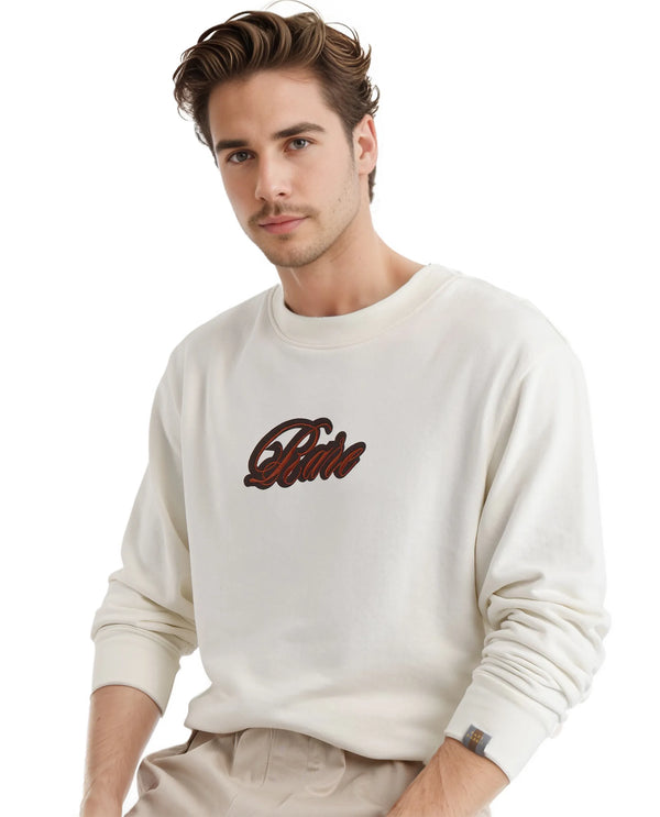 Rare Rabbit Men's Frejus Off White Cotton Blend Fabric Full Sleeve Crew Neck Embroidered Logo Sweatshirt