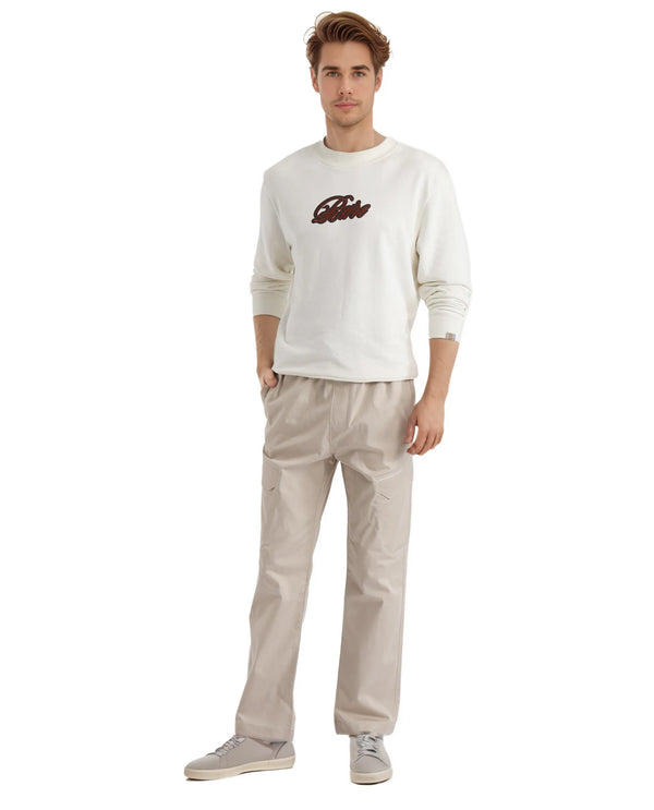 Rare Rabbit Men's Frejus Off White Cotton Blend Fabric Full Sleeve Crew Neck Embroidered Logo Sweatshirt