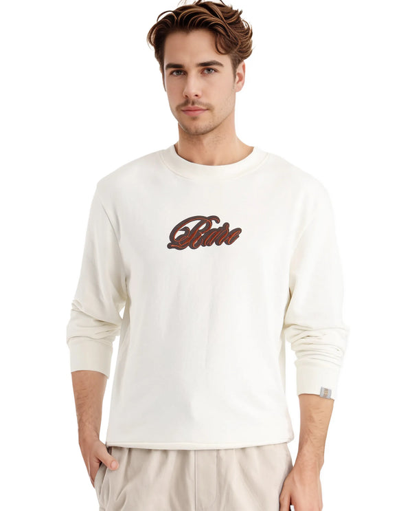 Rare Rabbit Men's Frejus Off White Cotton Blend Fabric Full Sleeve Crew Neck Embroidered Logo Sweatshirt