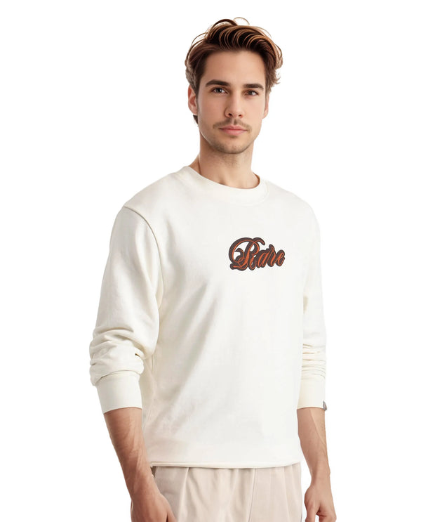 Rare Rabbit Men's Frejus Off White Cotton Blend Fabric Full Sleeve Crew Neck Embroidered Logo Sweatshirt