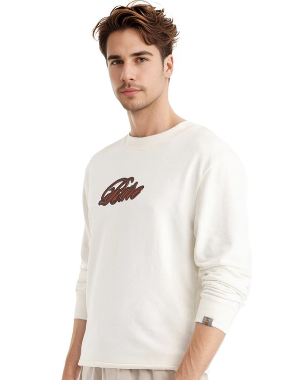 Rare Rabbit Men's Frejus Off White Cotton Blend Fabric Full Sleeve Crew Neck Embroidered Logo Sweatshirt