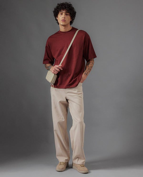 Rare Rabbit Men's Freks Beige Cotton Fabric Button And Zip Closure Baggy Fit Plain Jeans