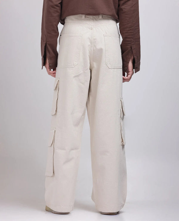 Rare Rabbit Men's Freks Beige Cotton Fabric Button And Zip Closure Baggy Fit Plain Jeans