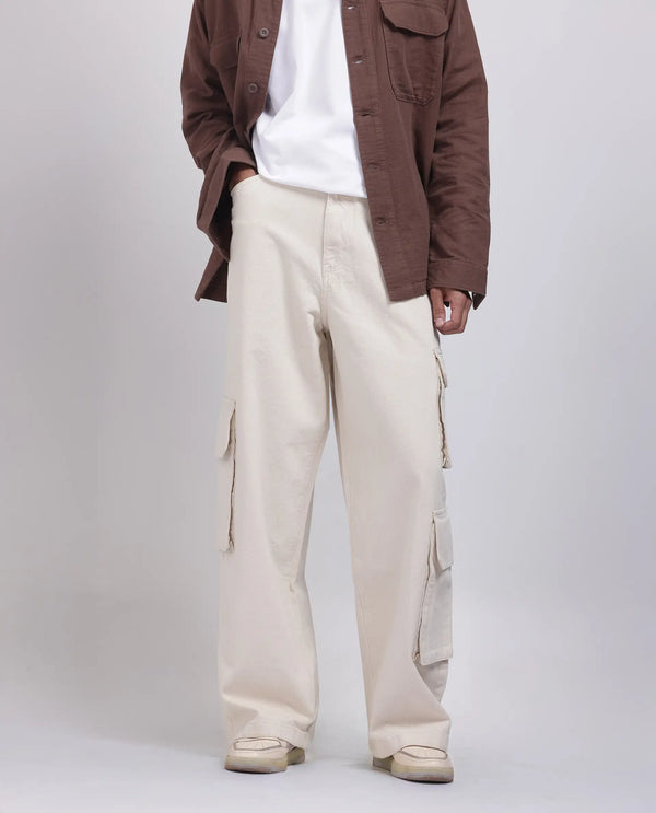 Rare Rabbit Men's Freks Beige Cotton Fabric Button And Zip Closure Baggy Fit Plain Jeans