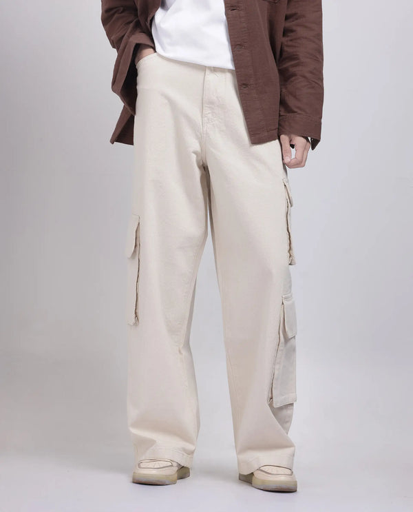 Rare Rabbit Men's Freks Beige Cotton Fabric Button And Zip Closure Baggy Fit Plain Jeans