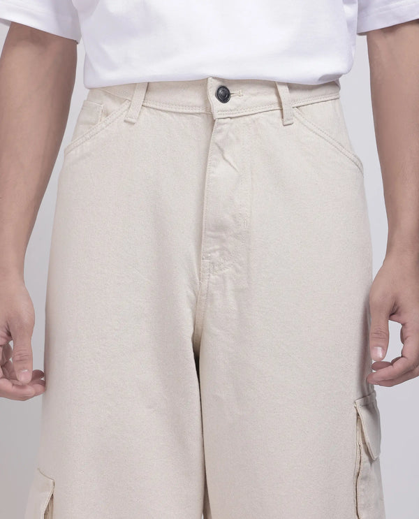 Rare Rabbit Men's Freks Beige Cotton Fabric Button And Zip Closure Baggy Fit Plain Jeans