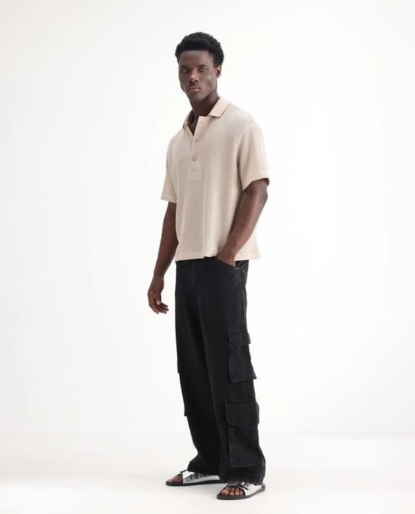 Rare Rabbit Men's Freks Black Cotton Fabric Button And Zip Closure Baggy Fit Plain Jeans