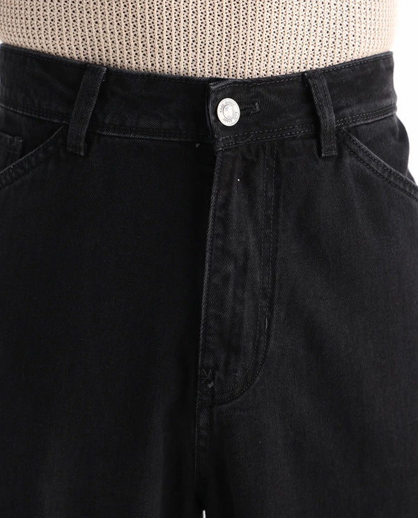 Rare Rabbit Men's Freks Black Cotton Fabric Button And Zip Closure Baggy Fit Plain Jeans
