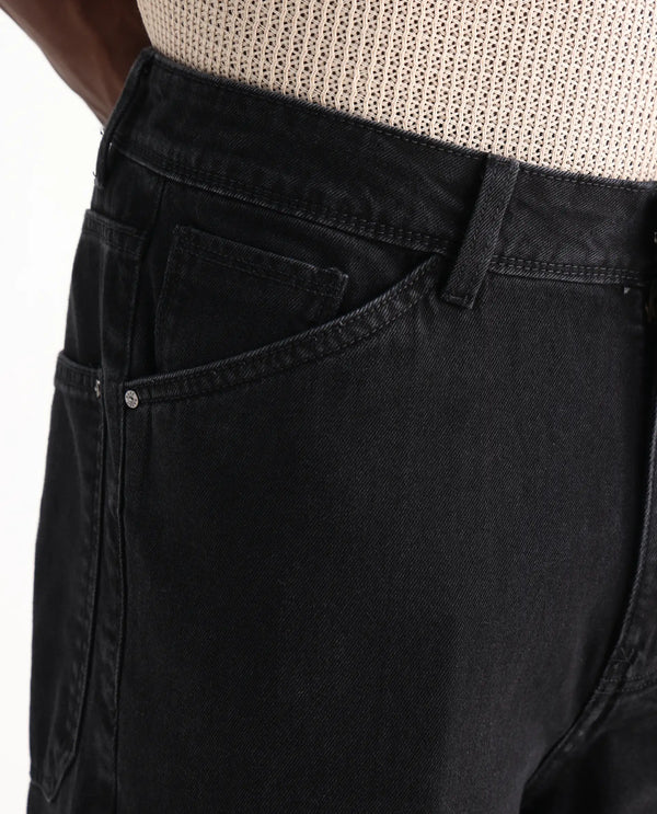 Rare Rabbit Men's Freks Black Cotton Fabric Button And Zip Closure Baggy Fit Plain Jeans