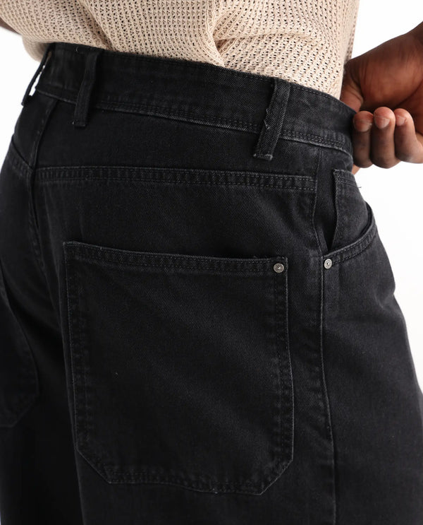 Rare Rabbit Men's Freks Black Cotton Fabric Button And Zip Closure Baggy Fit Plain Jeans