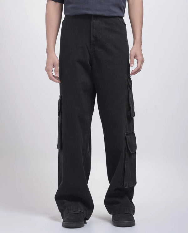Rare Rabbit Men's Freks Black Cotton Fabric Button And Zip Closure Baggy Fit Plain Jeans