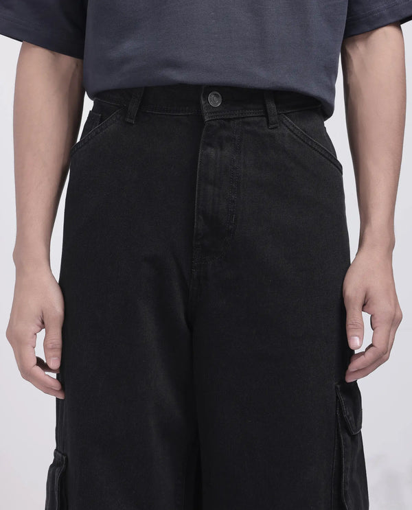 Rare Rabbit Men's Freks Black Cotton Fabric Button And Zip Closure Baggy Fit Plain Jeans