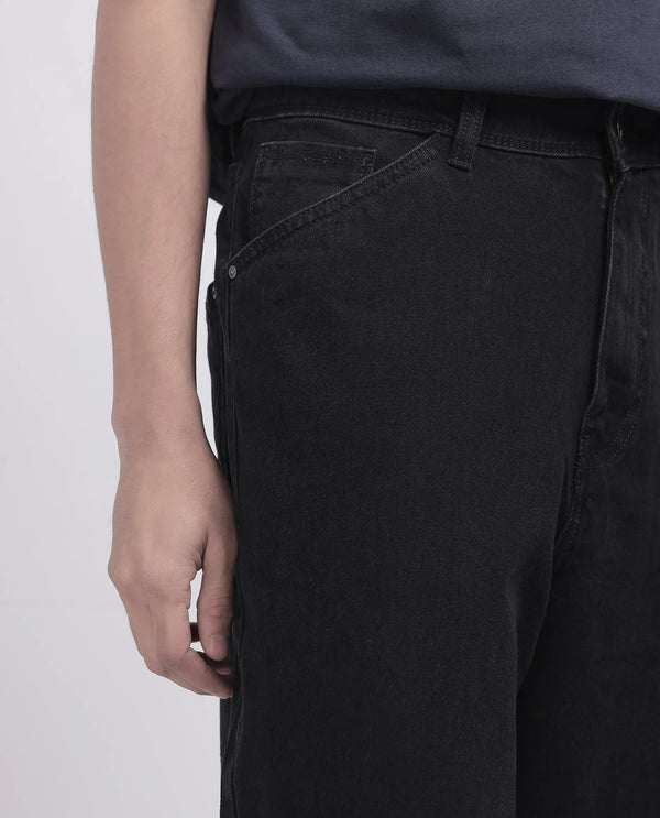 Rare Rabbit Men's Freks Black Cotton Fabric Button And Zip Closure Baggy Fit Plain Jeans