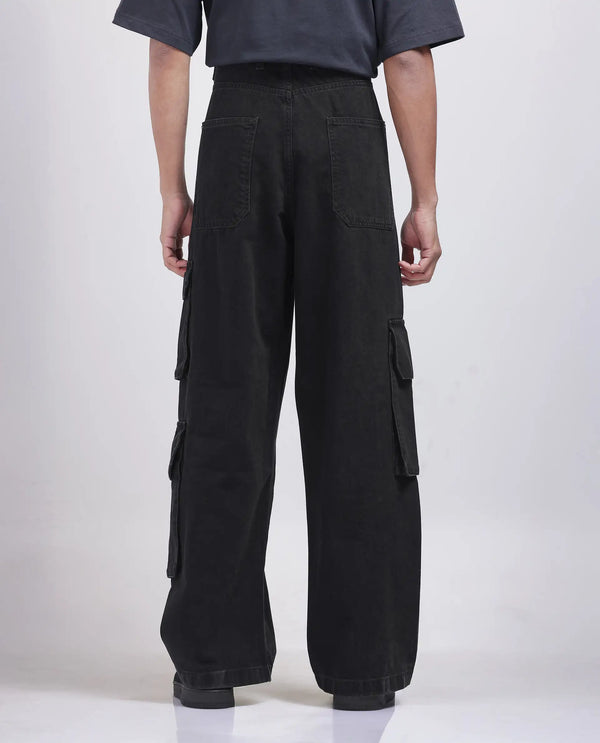 Rare Rabbit Men's Freks Black Cotton Fabric Button And Zip Closure Baggy Fit Plain Jeans