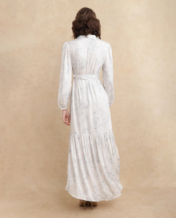 Rareism Women's Freno Off White Cotton Blend Fabric V-Neck Button Closure Full Sleeve Floral Print Straight Fit Maxi Dress