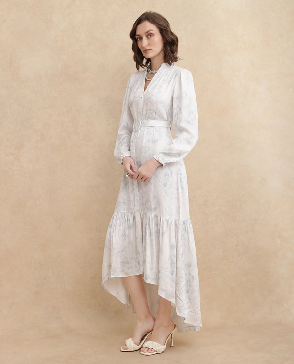 Rareism Women's Freno Off White Cotton Blend Fabric V-Neck Button Closure Full Sleeve Floral Print Straight Fit Maxi Dress