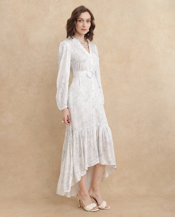 Rareism Women's Freno Off White Cotton Blend Fabric V-Neck Button Closure Full Sleeve Floral Print Straight Fit Maxi Dress