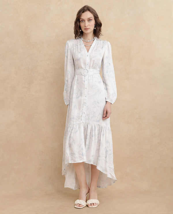 Rareism Women's Freno Off White Cotton Blend Fabric V-Neck Button Closure Full Sleeve Floral Print Straight Fit Maxi Dress