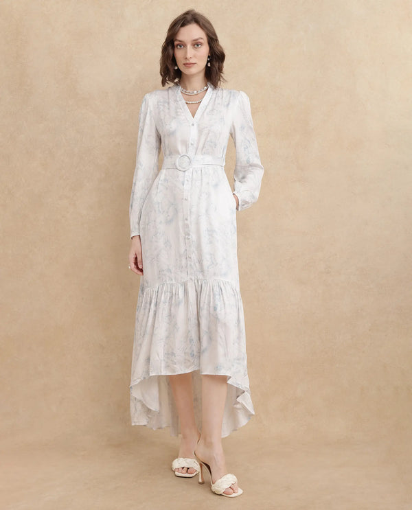 Rareism Women's Freno Off White Cotton Blend Fabric V-Neck Button Closure Full Sleeve Floral Print Straight Fit Maxi Dress