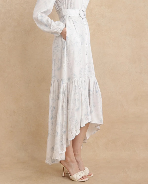 Rareism Women's Freno Off White Cotton Blend Fabric V-Neck Button Closure Full Sleeve Floral Print Straight Fit Maxi Dress