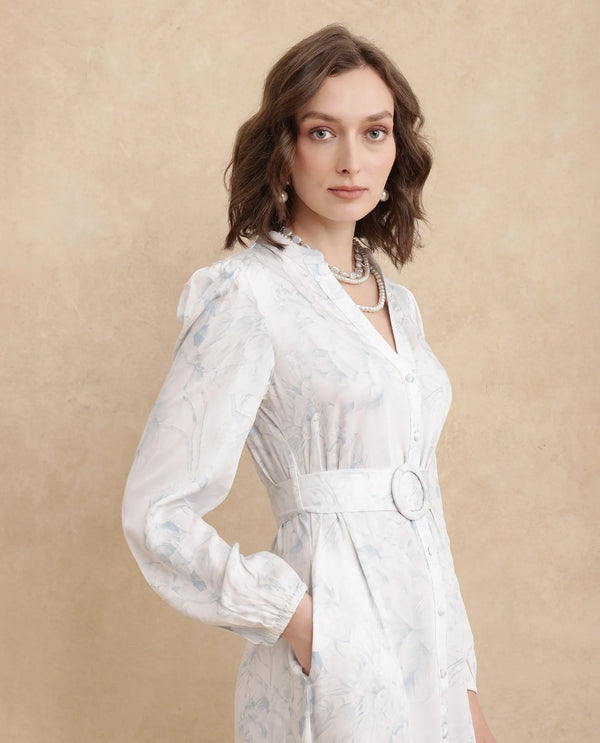 Rareism Women's Freno Off White Cotton Blend Fabric V-Neck Button Closure Full Sleeve Floral Print Straight Fit Maxi Dress