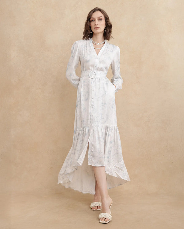 Rareism Women's Freno Off White Cotton Blend Fabric V-Neck Button Closure Full Sleeve Floral Print Straight Fit Maxi Dress