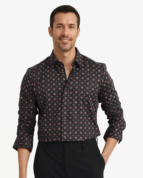 Rare Rabbit Men's Freya Black Modal Fabric Full Sleeves Geometric Print Shirt
