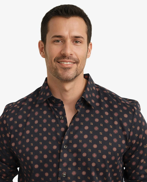 Rare Rabbit Men's Freya Black Modal Fabric Full Sleeves Geometric Print Shirt