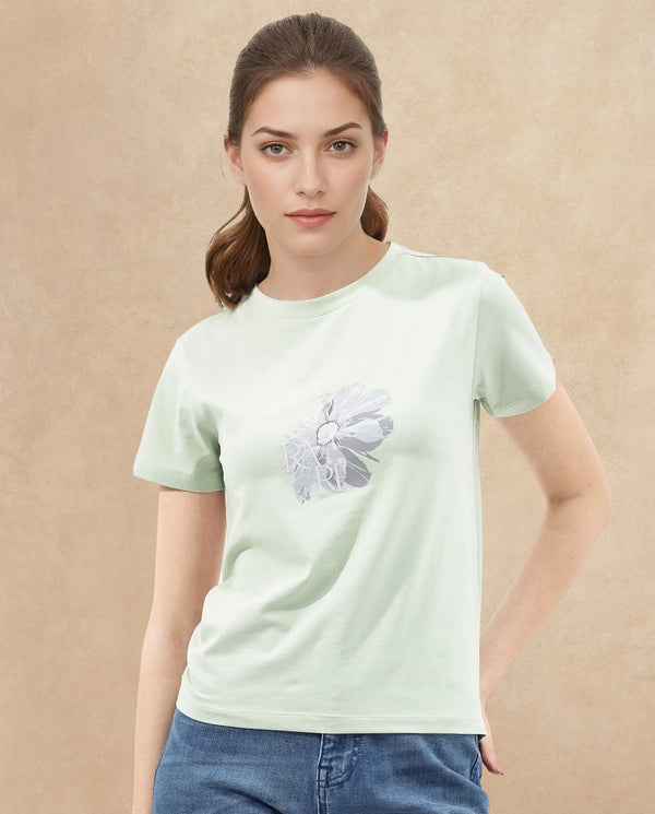 Rareism Women Fringe Pastel Green Cotton Elastane Fabric Crew Neck Knit Solid T-Shirt