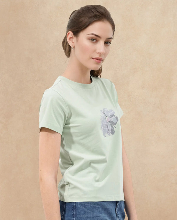 Rareism Women Fringe Pastel Green Cotton Elastane Fabric Crew Neck Knit Solid T-Shirt
