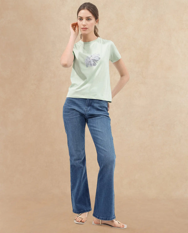 Rareism Women Fringe Pastel Green Cotton Elastane Fabric Crew Neck Knit Solid T-Shirt