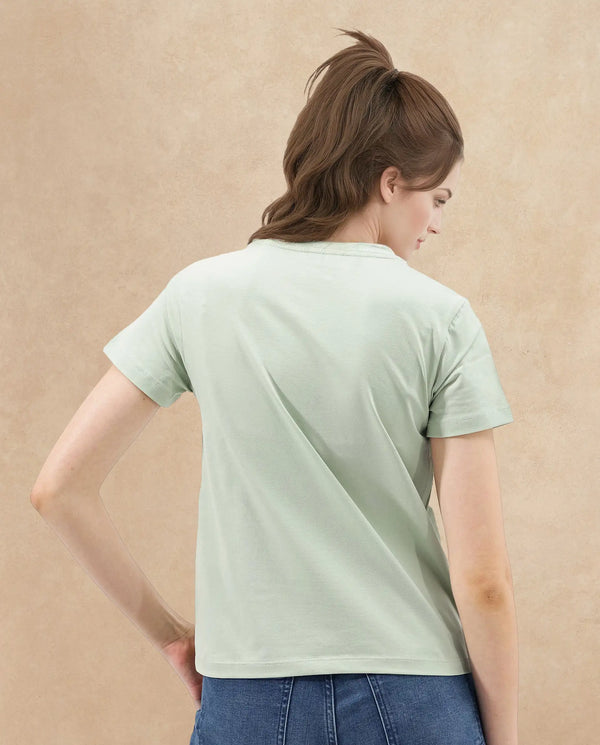 Rareism Women Fringe Pastel Green Cotton Elastane Fabric Crew Neck Knit Solid T-Shirt
