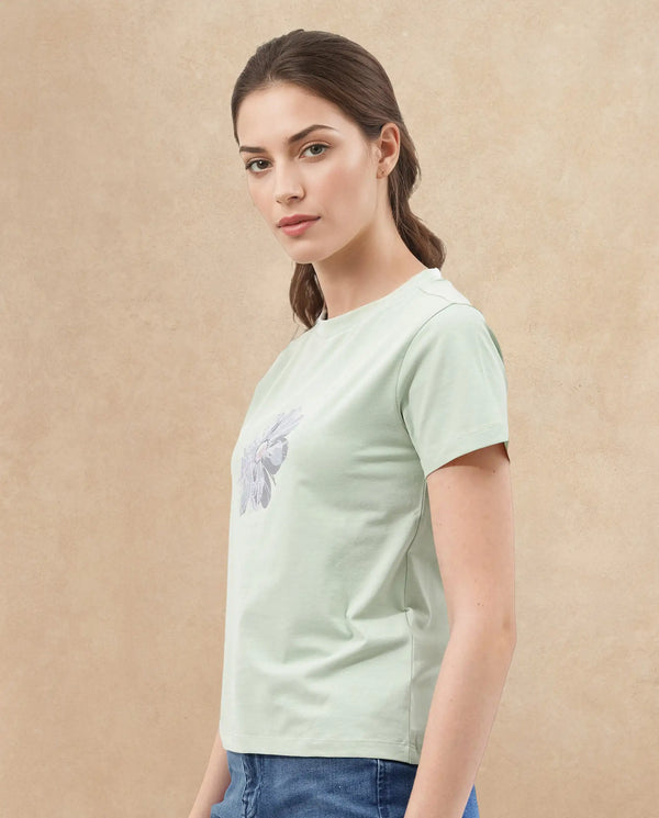 Rareism Women Fringe Pastel Green Cotton Elastane Fabric Crew Neck Knit Solid T-Shirt