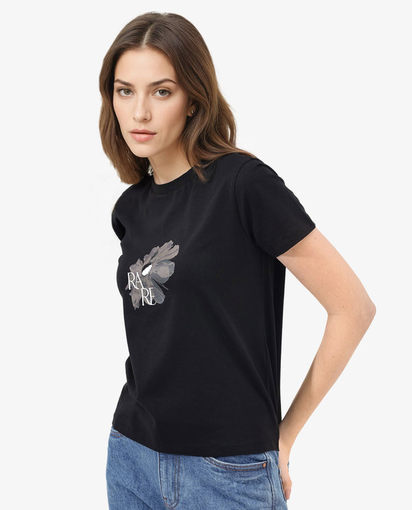 Rareism Women Fringe Black Cotton Elastane Fabric Crew Neck Knit Solid T-Shirt