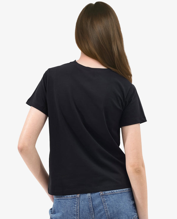 Rareism Women Fringe Black Cotton Elastane Fabric Crew Neck Knit Solid T-Shirt