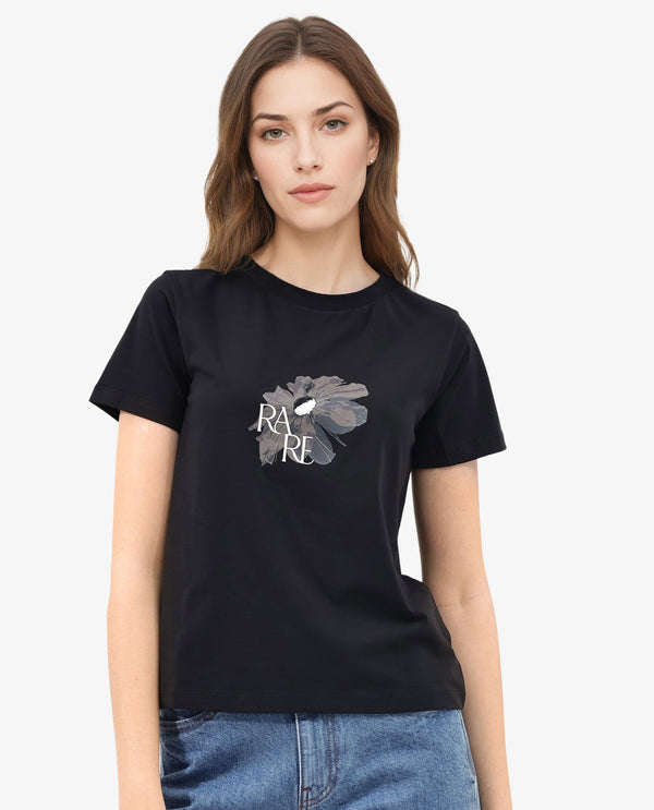 Rareism Women Fringe Black Cotton Elastane Fabric Crew Neck Knit Solid T-Shirt