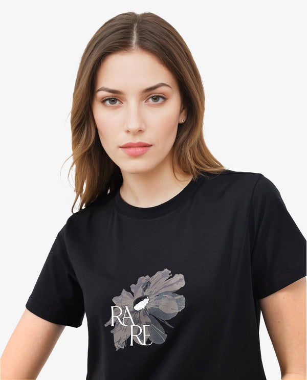 Rareism Women Fringe Black Cotton Elastane Fabric Crew Neck Knit Solid T-Shirt