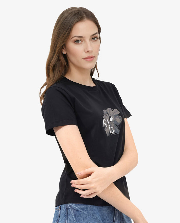 Rareism Women Fringe Black Cotton Elastane Fabric Crew Neck Knit Solid T-Shirt