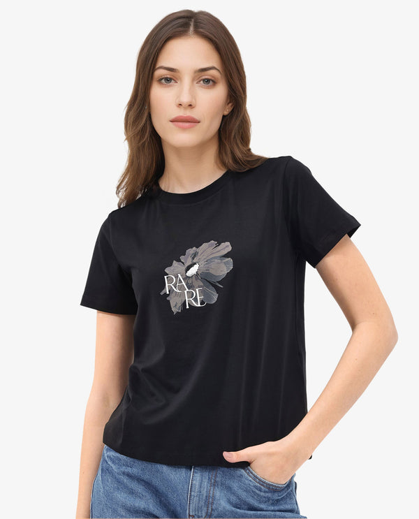 Rareism Women Fringe Black Cotton Elastane Fabric Crew Neck Knit Solid T-Shirt