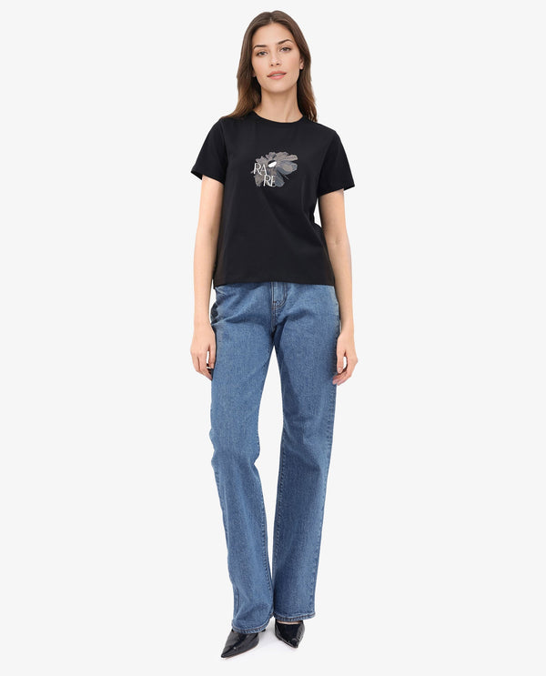 Rareism Women Fringe Black Cotton Elastane Fabric Crew Neck Knit Solid T-Shirt