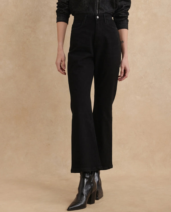 Rareism Women Frita Black Cotton Polyester Fabric Plain Jeans