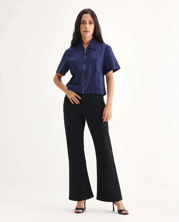 Rareism Women Frita Black Cotton Polyester Fabric Plain Jeans