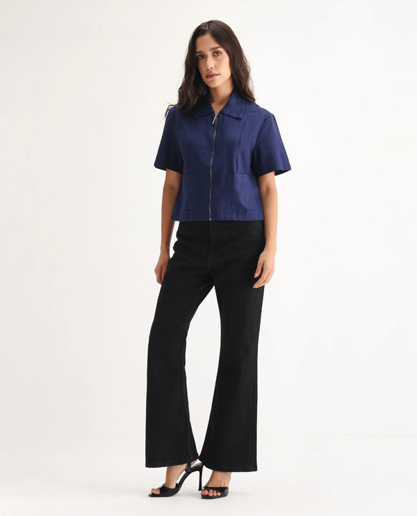 Rareism Women Frita Black Cotton Polyester Fabric Plain Jeans