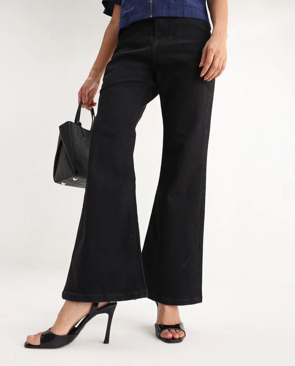 Rareism Women Frita Black Cotton Polyester Fabric Plain Jeans