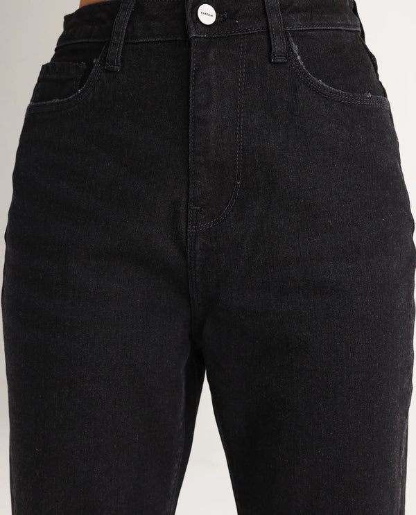 Rareism Women Frita Black Cotton Polyester Fabric Plain Jeans
