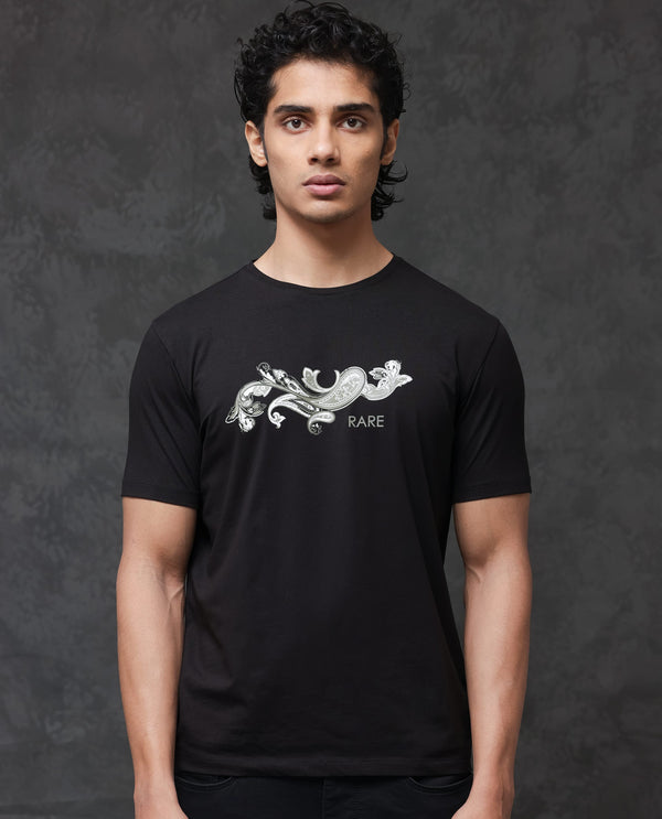 Rare Rabbit Men's Friter Black Cotton Fabric Half Sleeves Paisley Print T-Shirt